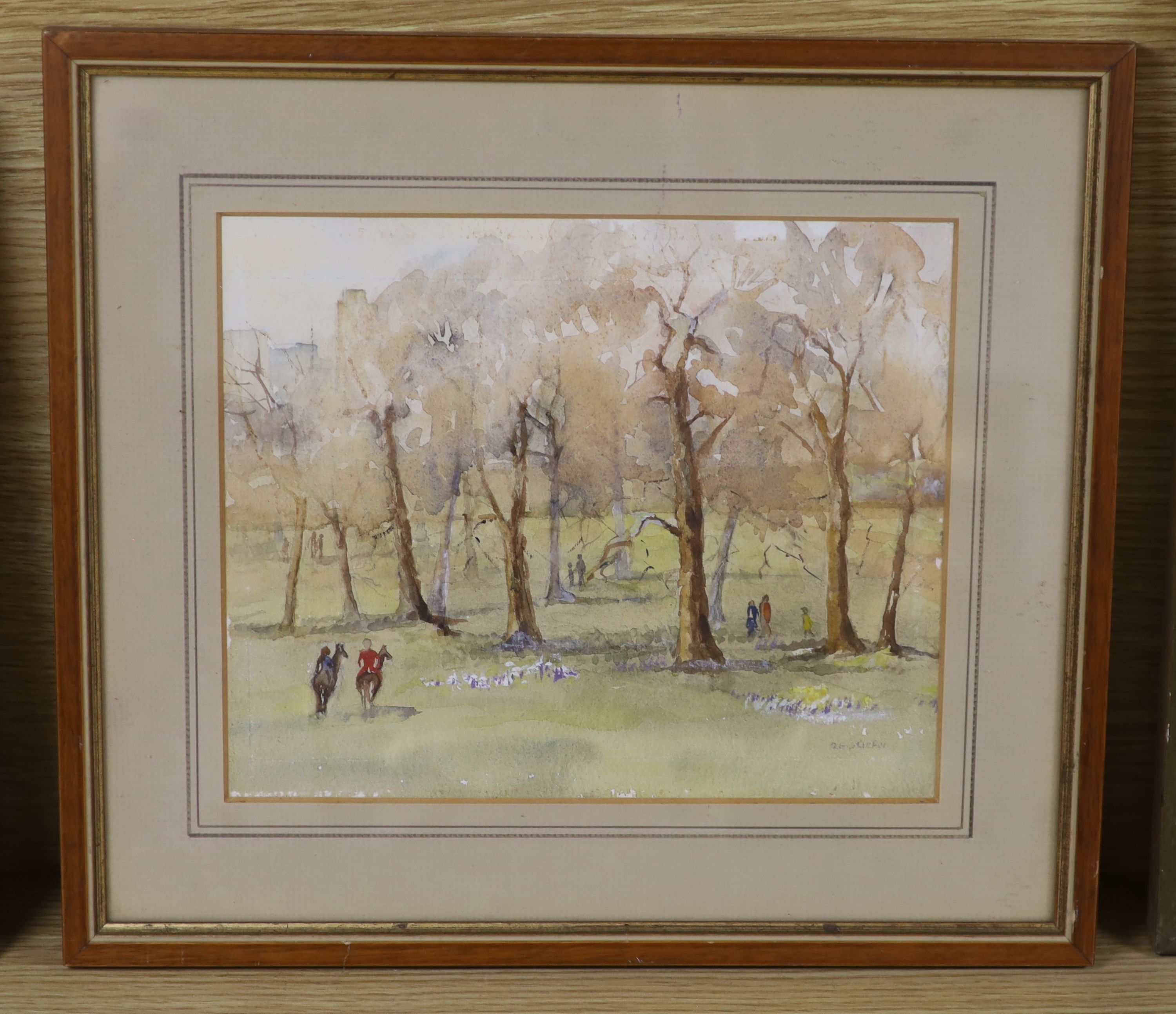 Olive Stiefel, watercolour, Horse riders in Hyde Park, signed, 20 x 25cm